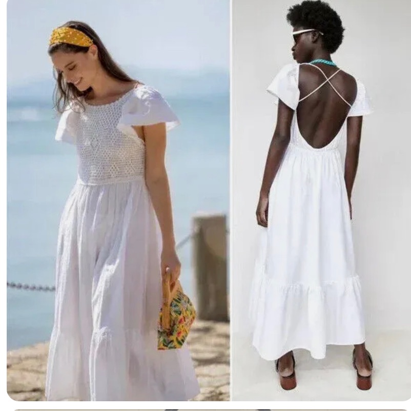 Zara White Cotton Crochet Top Maxi Dress Boho Open Back